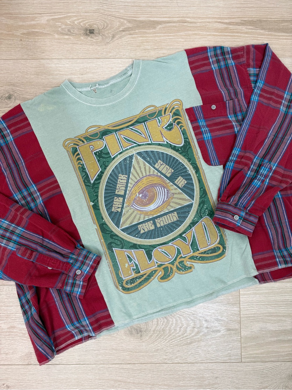 Remi Lyn & Co. Handmade Upcycled Split Pink Floyd & Flannel Long Sleeve Tee